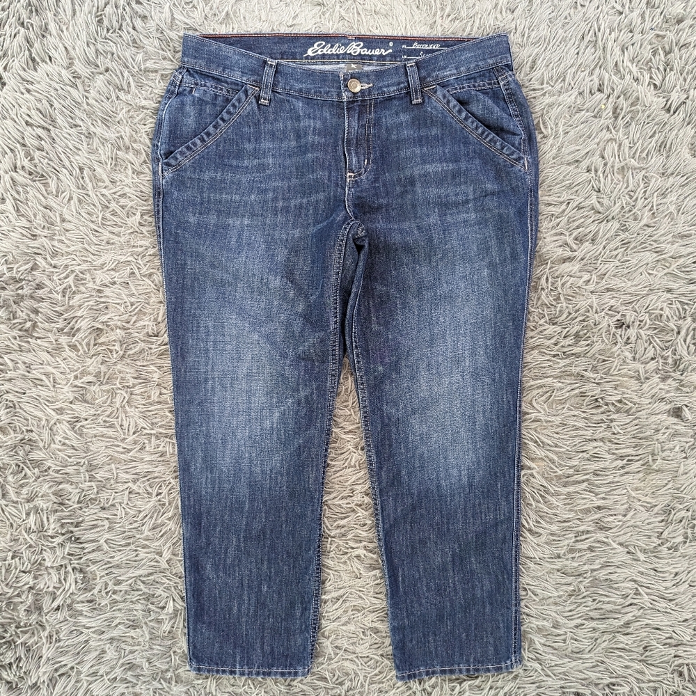 Eddie Bauer Jeans Women's 8 Petite Dark Wash Boyfriend Slim Denim Cropped
